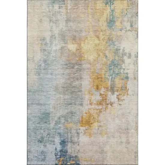 Linen Gold And Teal Abstract Washable Area Rug With UV Protection Photo 4