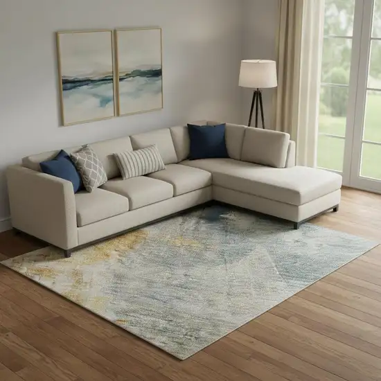 Linen Gold And Teal Abstract Washable Area Rug With UV Protection Photo 2