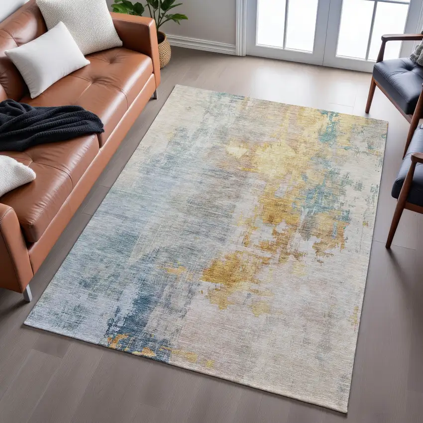 Linen Gold And Teal Abstract Washable Area Rug With UV Protection Photo 4