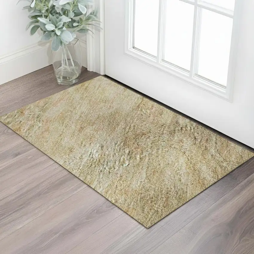 Linen Gold And Wheat Abstract Geometric Washable Area Rug With UV Protection Photo 2