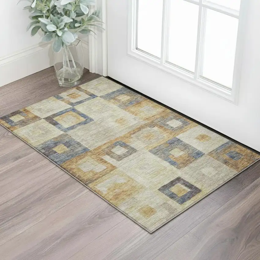 Linen Gold And Wheat Geometric Washable Area Rug With UV Protection Photo 2