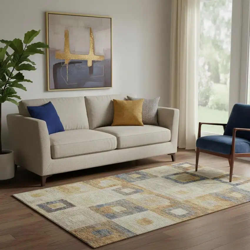 Linen Gold And Wheat Geometric Washable Area Rug With UV Protection Photo 2