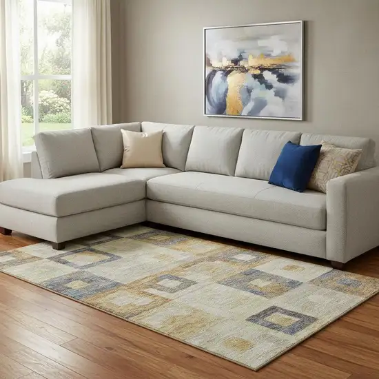 Linen Gold And Wheat Geometric Washable Area Rug With UV Protection Photo 2