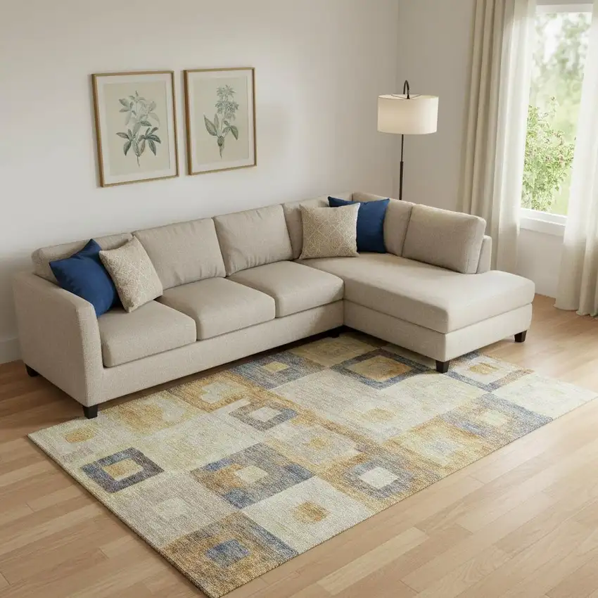 Linen Gold And Wheat Geometric Washable Area Rug With UV Protection Photo 2