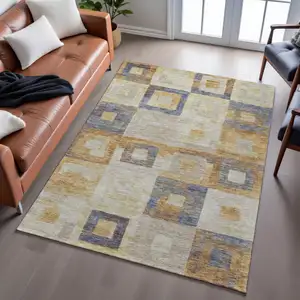 Photo of Linen Gold And Wheat Geometric Washable Area Rug With UV Protection