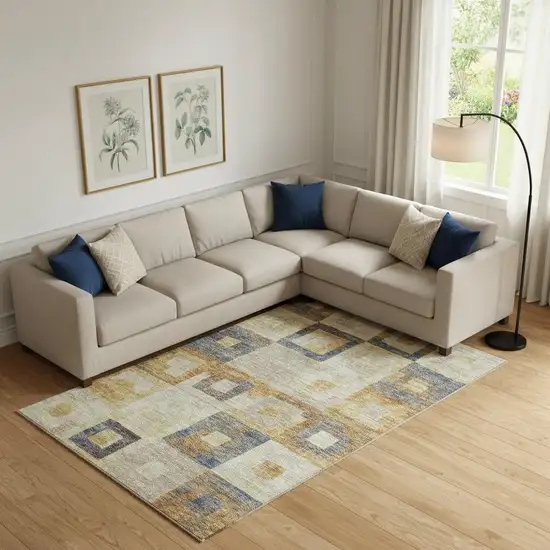 Linen Gold And Wheat Geometric Washable Area Rug With UV Protection Photo 2