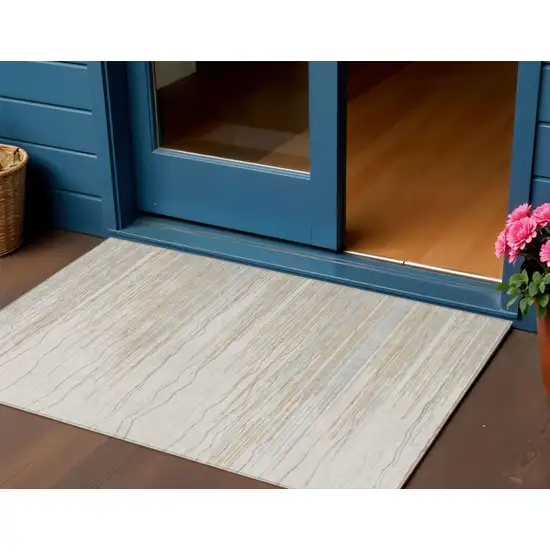 Linen Gray And Beige Striped Washable Indoor Outdoor Area Rug Photo 1