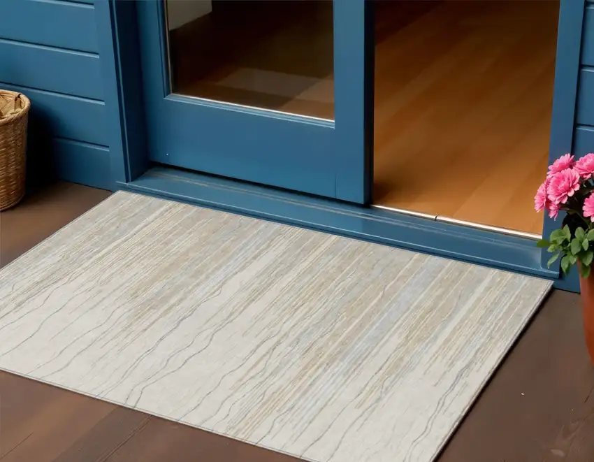 Linen Gray And Beige Striped Washable Indoor Outdoor Area Rug Photo 1