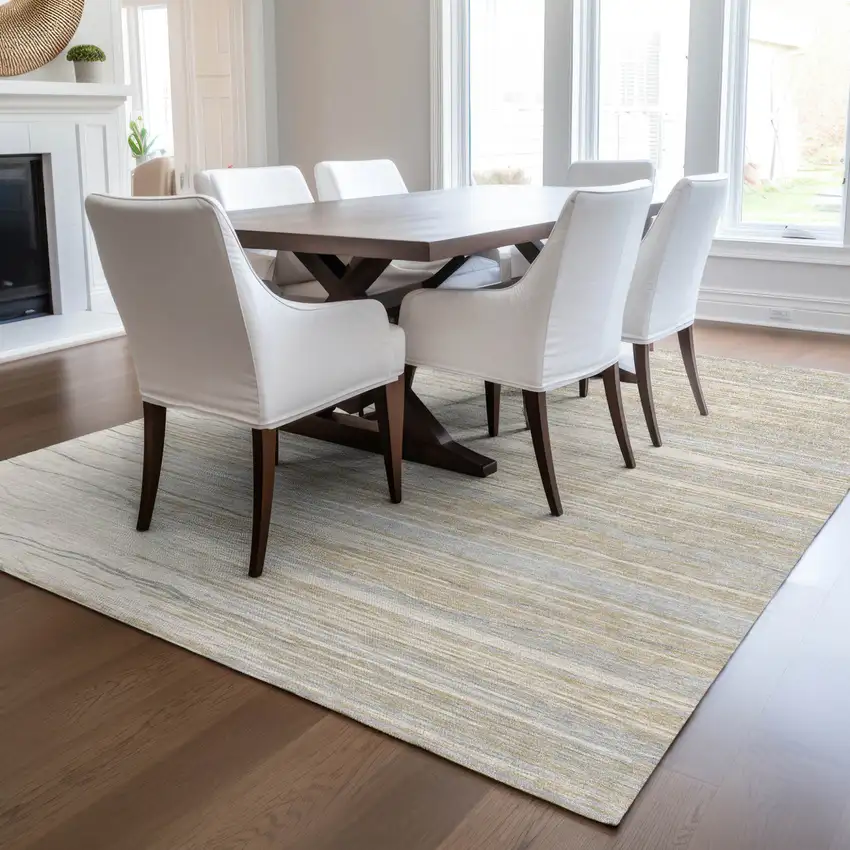 Linen Gray And Beige Striped Washable Indoor Outdoor Area Rug Photo 9