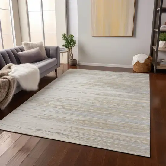 Linen Gray And Beige Striped Washable Indoor Outdoor Area Rug Photo 8