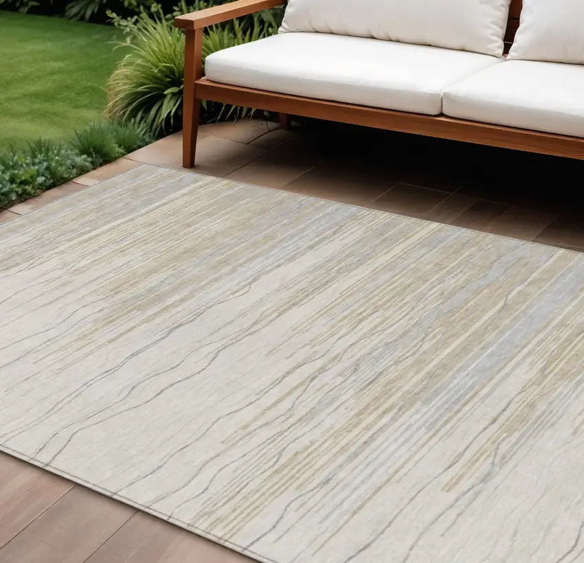 Linen Gray And Beige Striped Washable Indoor Outdoor Area Rug Photo 1