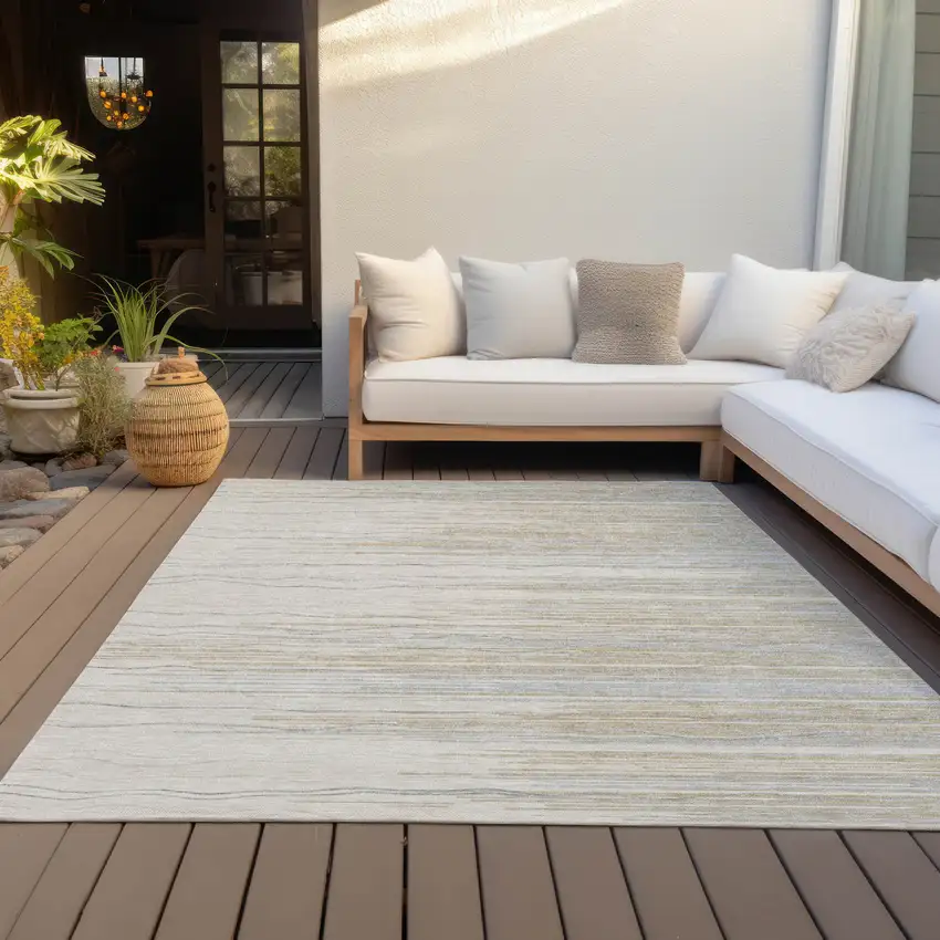 Linen Gray And Beige Striped Washable Indoor Outdoor Area Rug Photo 7