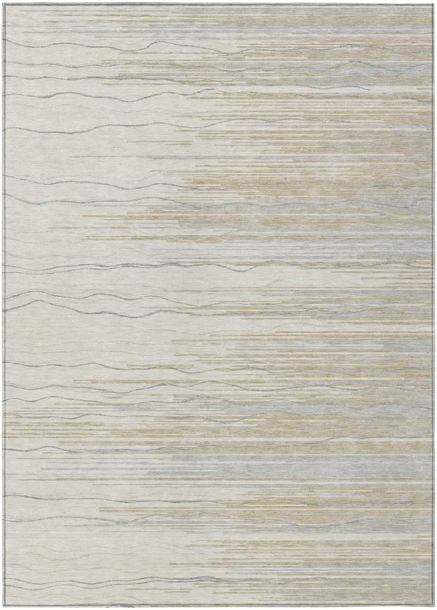 Linen Gray And Beige Striped Washable Indoor Outdoor Area Rug Photo 2