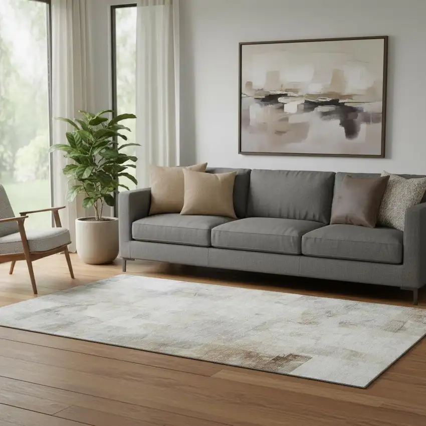 Linen Gray And Ivory Abstract Washable Area Rug With UV Protection Photo 2