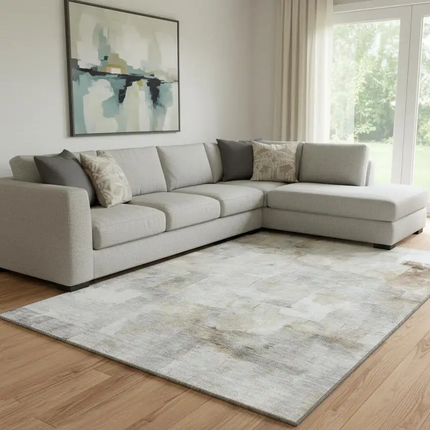 Linen Gray And Ivory Abstract Washable Area Rug With UV Protection Photo 2