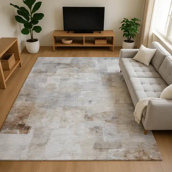 Linen Gray And Ivory Abstract Washable Area Rug With UV Protection Photo 4