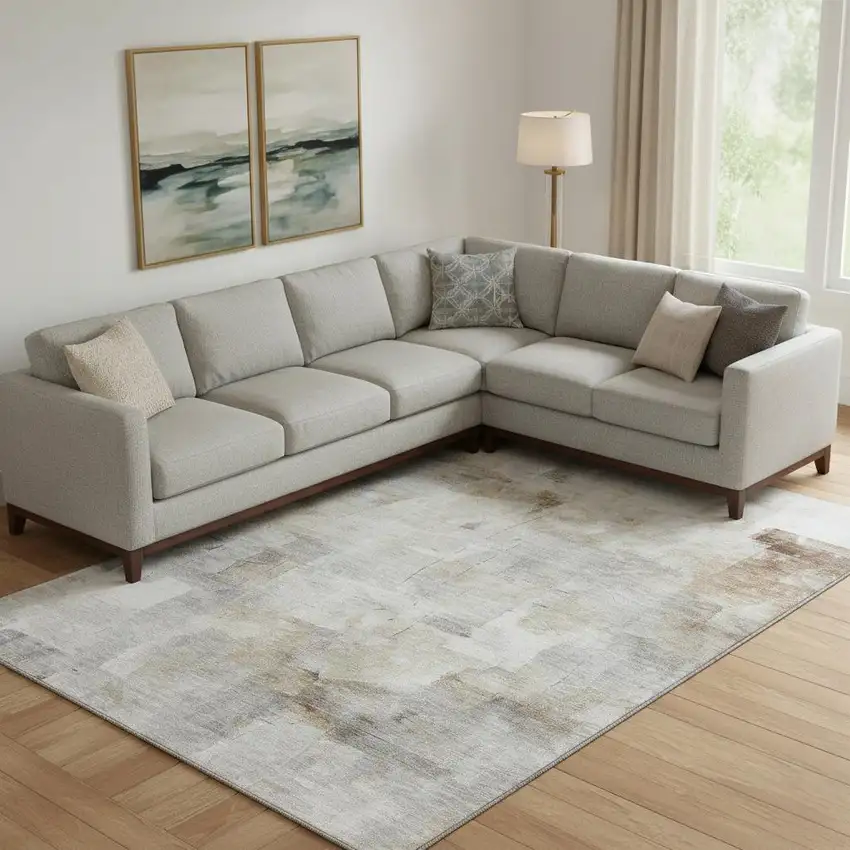 Linen Gray And Ivory Abstract Washable Area Rug With UV Protection Photo 2