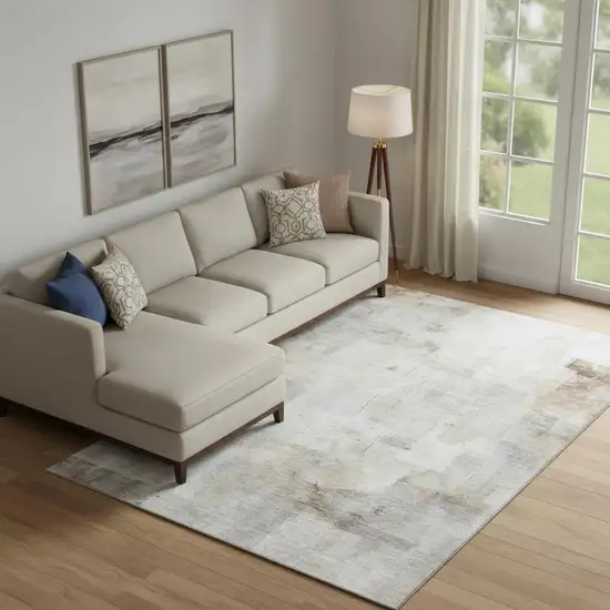 Linen Gray And Ivory Abstract Washable Area Rug With UV Protection Photo 2