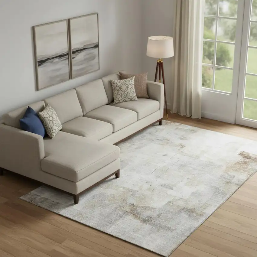 Linen Gray And Ivory Abstract Washable Area Rug With UV Protection Photo 2