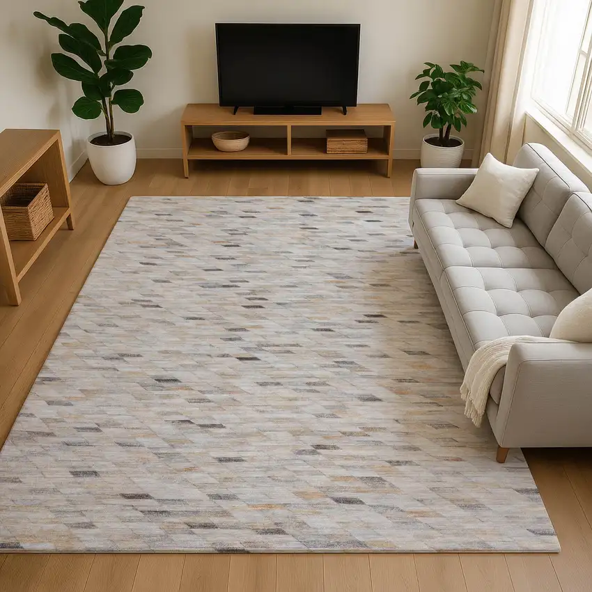 Linen Gray And Ivory Geometric Washable Area Rug With UV Protection Photo 4