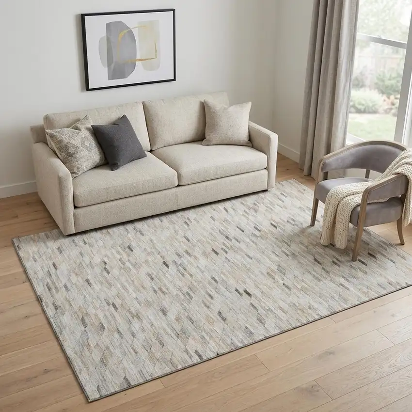 Linen Gray And Ivory Geometric Washable Area Rug With UV Protection Photo 1