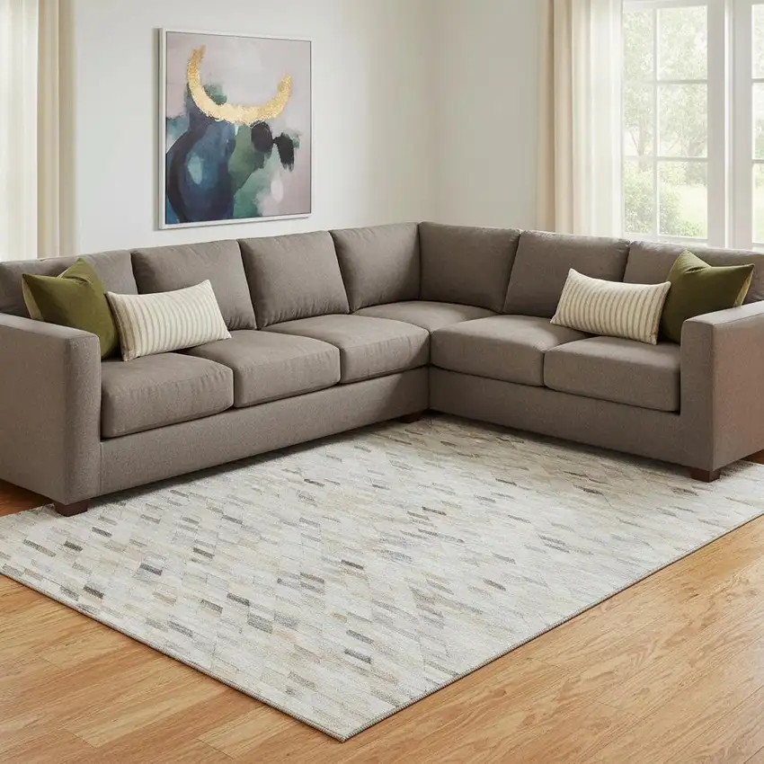 Linen Gray And Ivory Geometric Washable Area Rug With UV Protection Photo 2