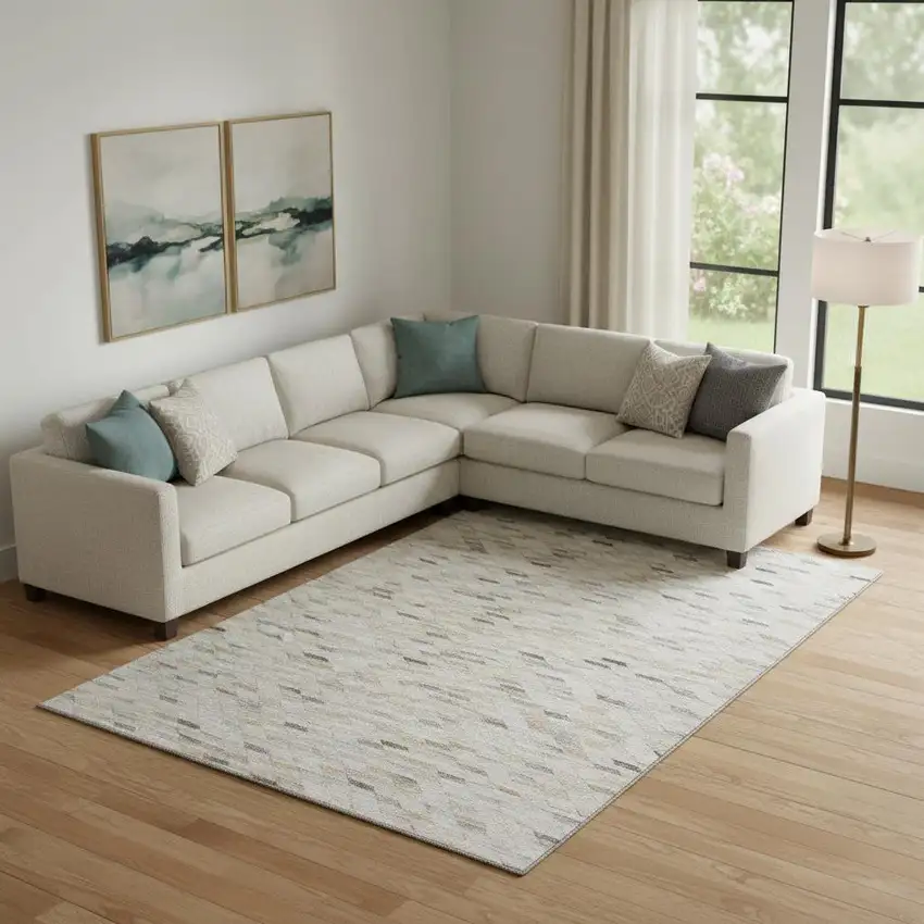 Linen Gray And Ivory Geometric Washable Area Rug With UV Protection Photo 2