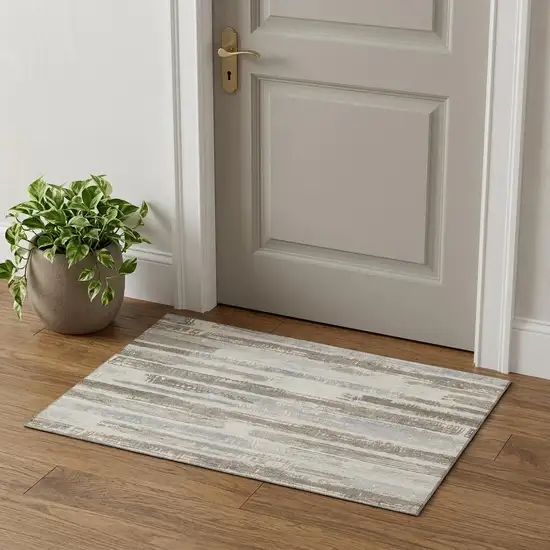 Linen Gray And Ivory Striped Washable Area Rug With UV Protection Photo 1