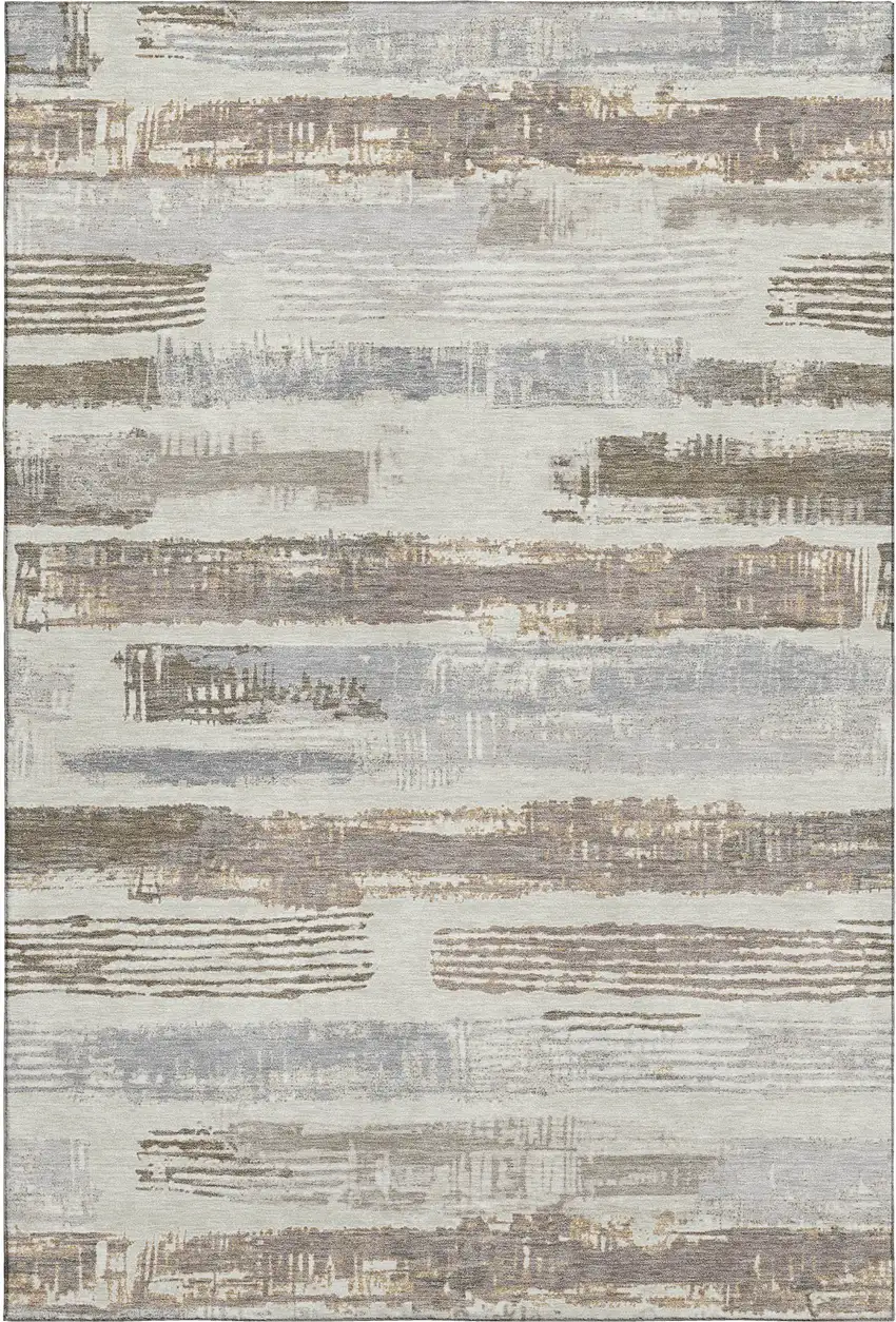 Linen Gray And Ivory Striped Washable Area Rug With UV Protection Photo 1