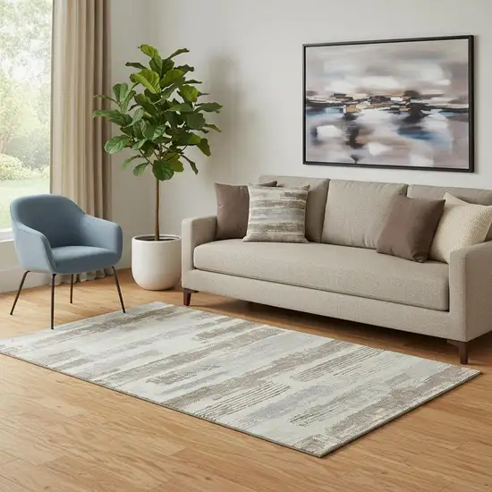 Linen Gray And Ivory Striped Washable Area Rug With UV Protection Photo 2