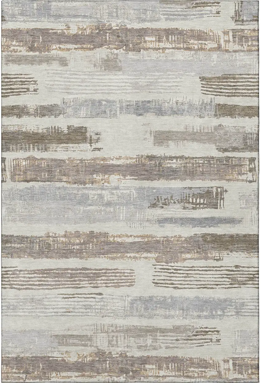 Linen Gray And Ivory Striped Washable Area Rug With UV Protection Photo 2