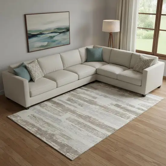 Linen Gray And Ivory Striped Washable Area Rug With UV Protection Photo 2