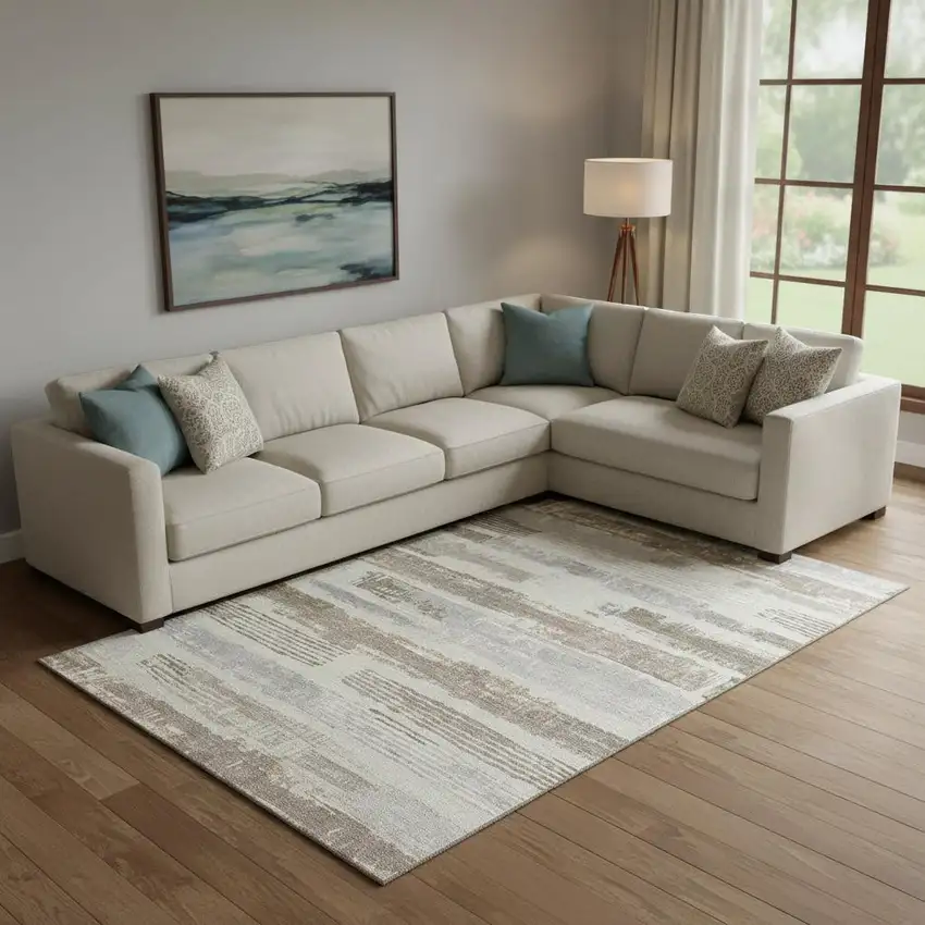 Linen Gray And Ivory Striped Washable Area Rug With UV Protection Photo 2