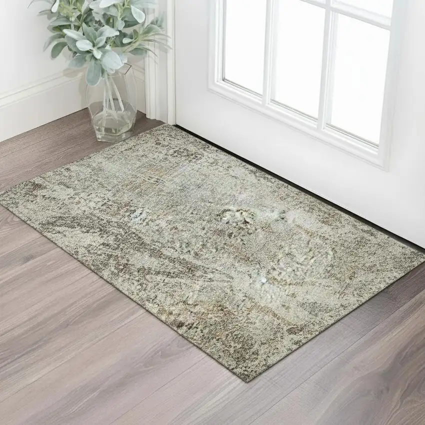 Linen Gray And Silver Abstract Washable Area Rug With UV Protection Photo 2