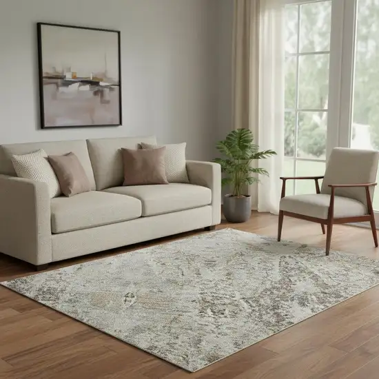 Linen Gray And Silver Abstract Washable Area Rug With UV Protection Photo 2