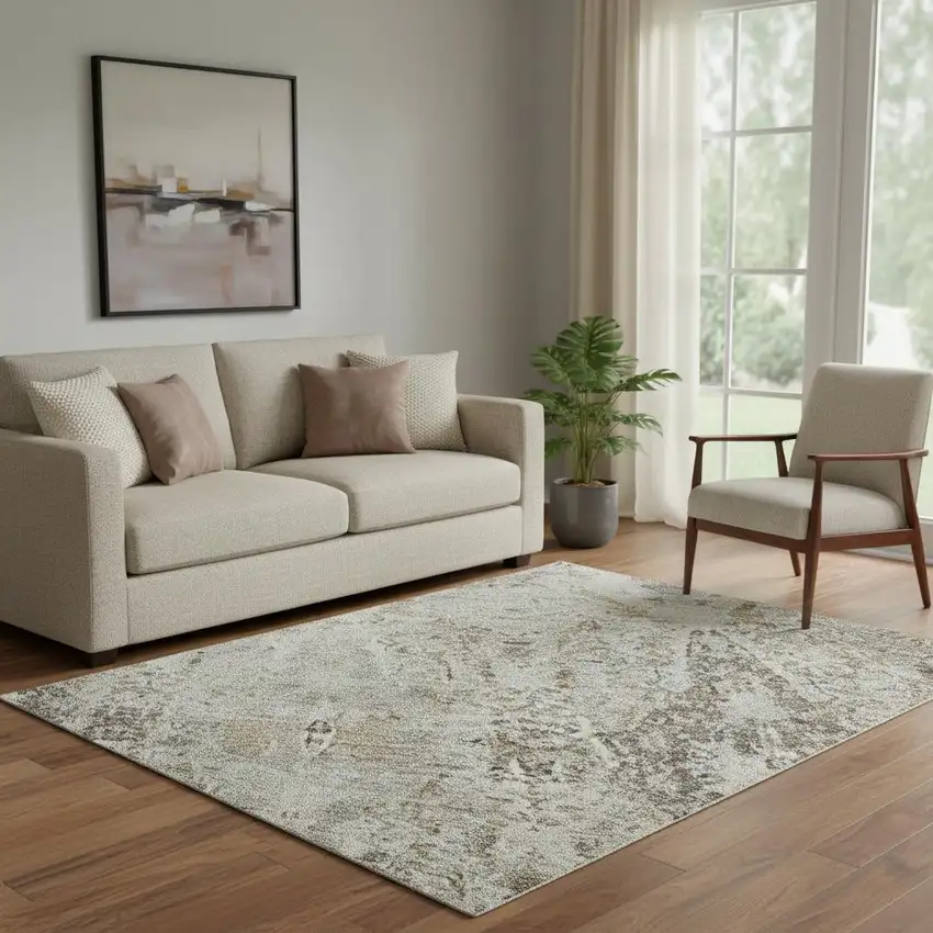 Linen Gray And Silver Abstract Washable Area Rug With UV Protection Photo 2