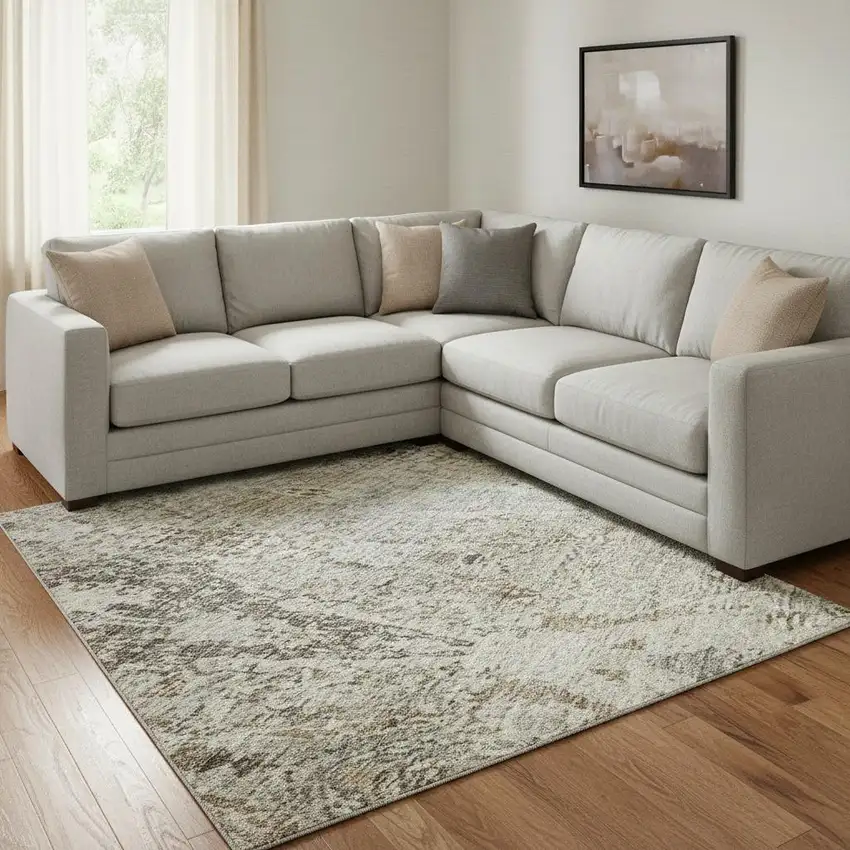 Linen Gray And Silver Abstract Washable Area Rug With UV Protection Photo 2