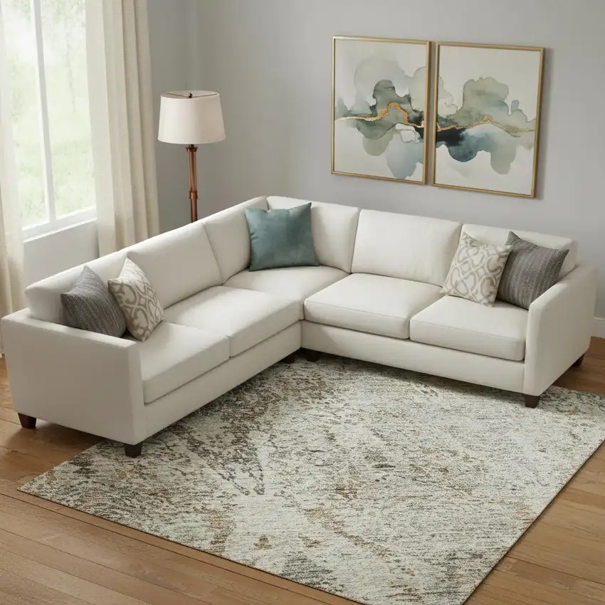 Linen Gray And Silver Abstract Washable Area Rug With UV Protection Photo 2