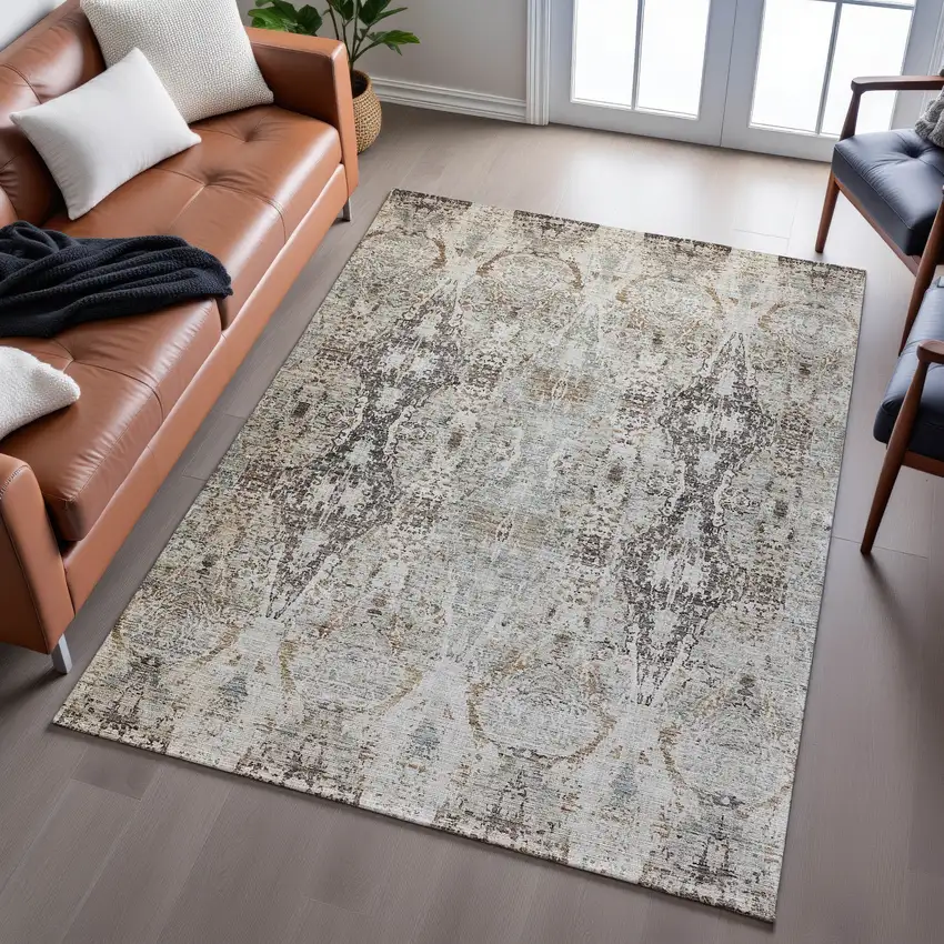Linen Gray And Silver Abstract Washable Area Rug With UV Protection Photo 5
