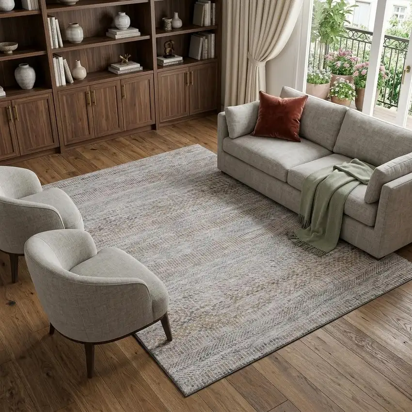 Linen Gray And Taupe Striped Washable Area Rug With UV Protection Photo 1