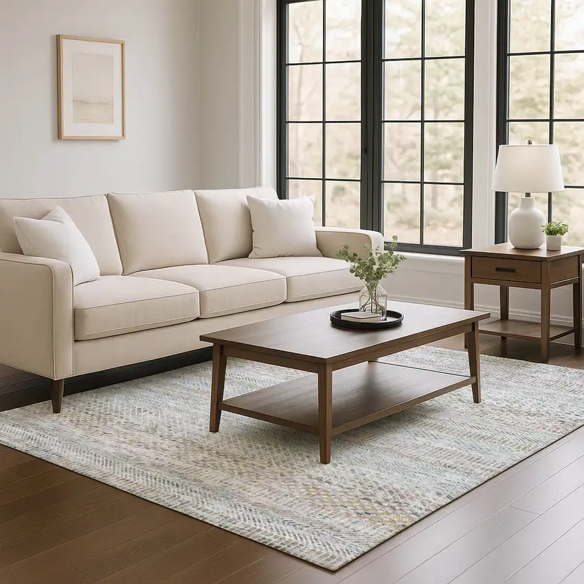 Linen Gray And Taupe Striped Washable Area Rug With UV Protection Photo 2