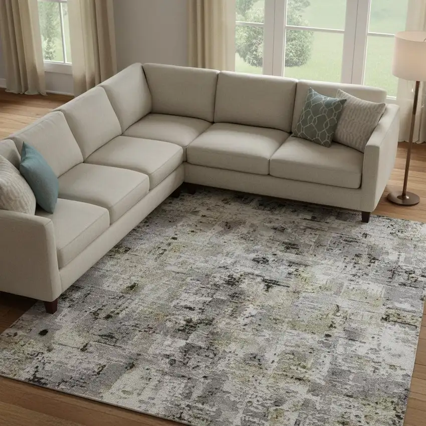 Linen Green And Blue Abstract Washable Area Rug With UV Protection Photo 1