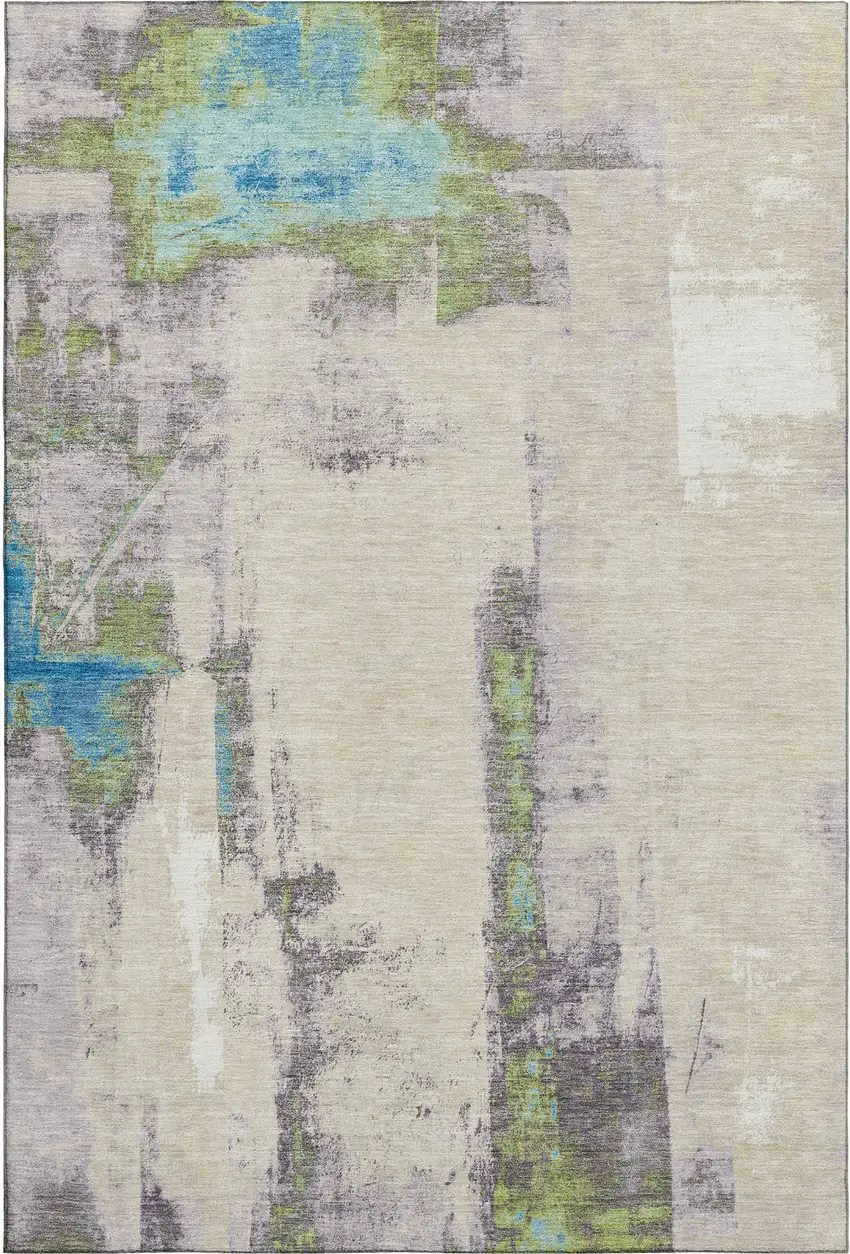 Linen Green And Blue Abstract Washable Area Rug With UV Protection Photo 6