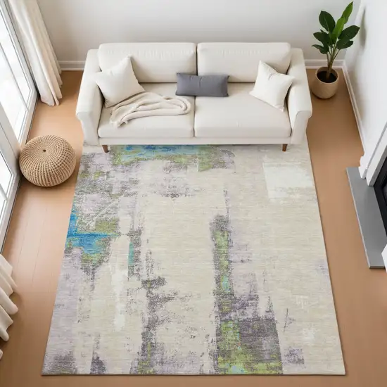 Linen Green And Blue Abstract Washable Area Rug With UV Protection Photo 4