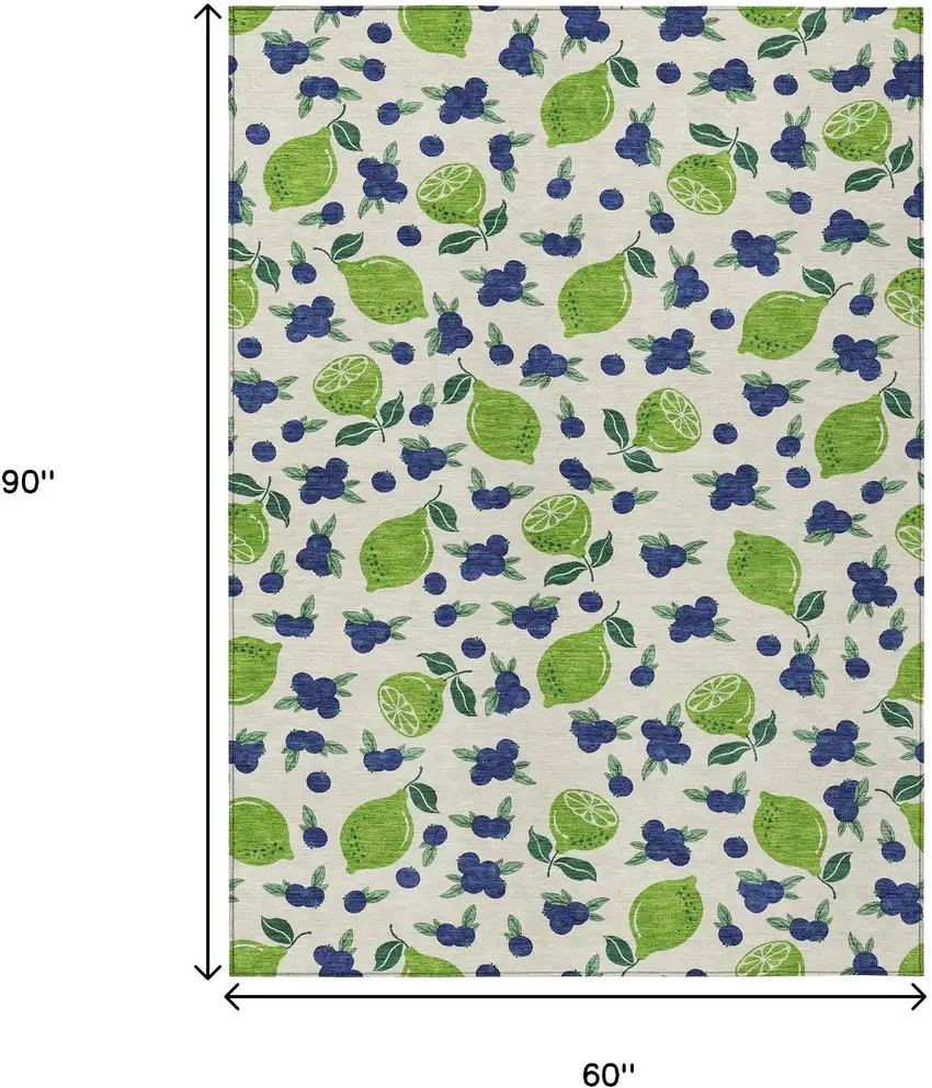 Linen Green And Blue Lemons Washable Indoor Outdoor Area Rug Photo 3