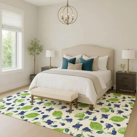 Linen Green And Blue Lemons Washable Indoor Outdoor Area Rug Photo 8