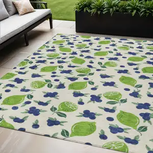 Photo of Linen Green And Blue Lemons Washable Indoor Outdoor Area Rug