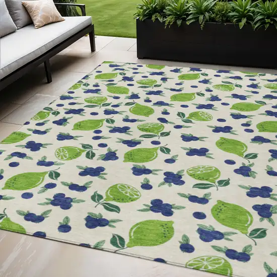 Linen Green And Blue Lemons Washable Indoor Outdoor Area Rug Photo 1