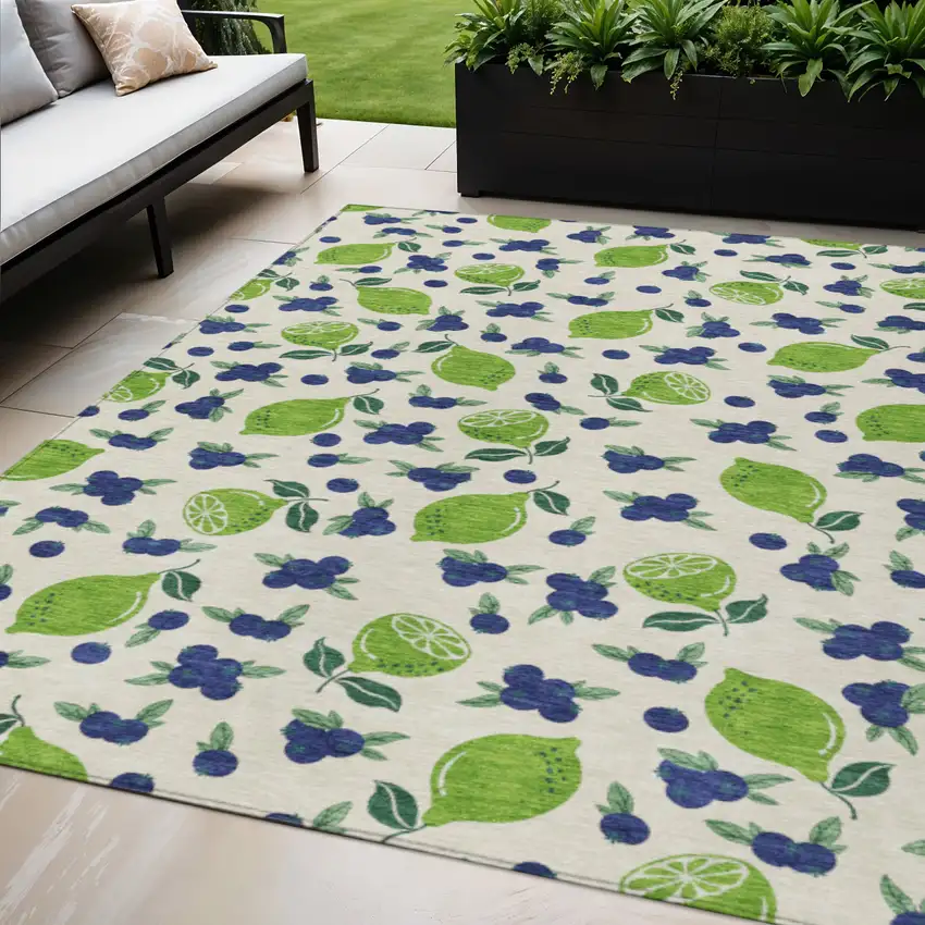 Linen Green And Blue Lemons Washable Indoor Outdoor Area Rug Photo 1