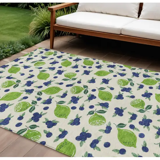 Linen Green And Blue Lemons Washable Indoor Outdoor Area Rug Photo 1
